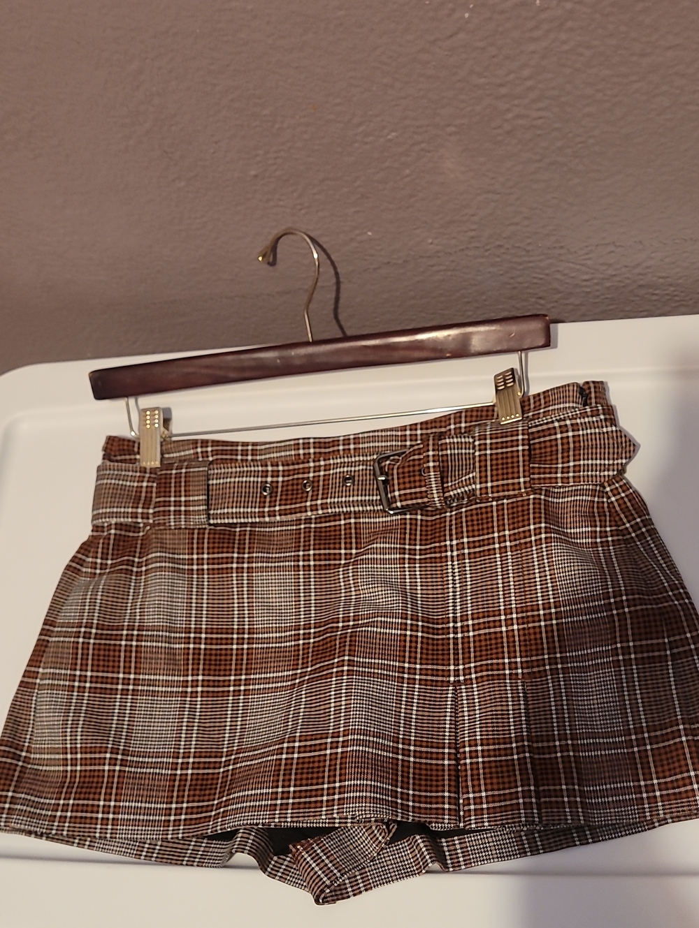 Free People Brown Plaid Belted Mini Skirt